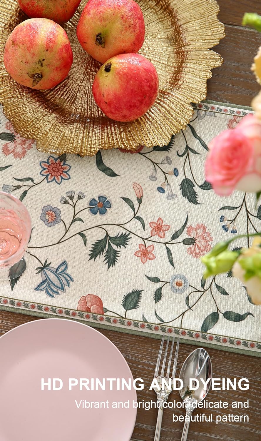 ISAENNE Designer Chinoiserie Elegant Linen Floral Extra Long Table Runner 118 Inches,White Wrinkle Resistant Table Runners for Dining Tables,Thanksgiving,Kitchen Tables,Christmas,12"*118"-Daffy A