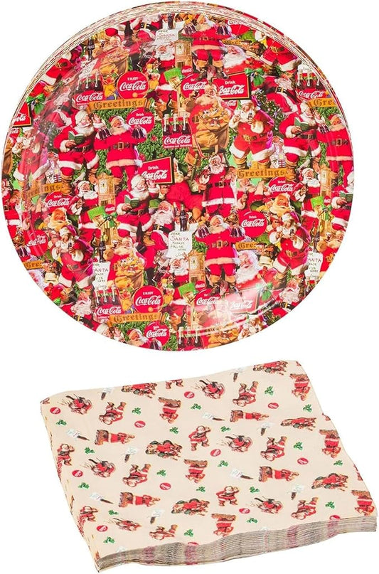 Silver Buffalo Coca-Cola Vintage Santa Christmas Collage 32 Pack Partyware Disposable Paper Plates and Napkins