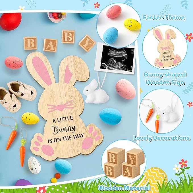 14Pcs Easter Pregnancy Announcement Set - Coming Soon Baby Announcement Props Ideas Include Easter Funny Bunny Shape Wooden Sign Wood Blocks Pregnancy Reveal Ideas for Grandparents Dad Husband Family
