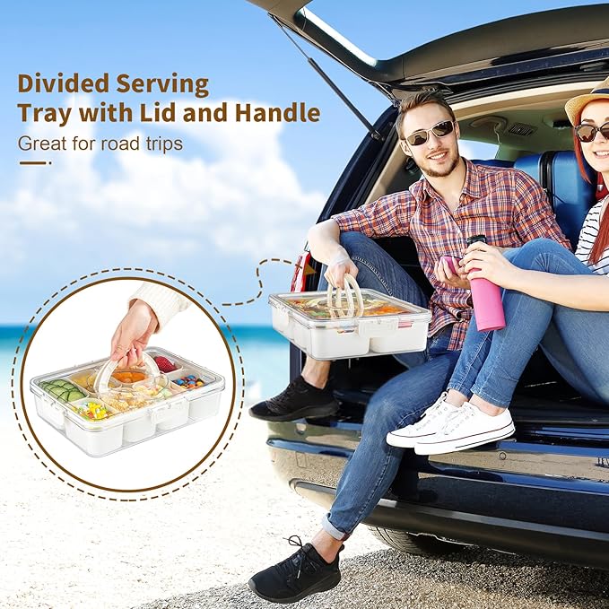 Snackle Box Container,Divided Clear Snack Box Serving Tray with Lid and Handle,8 Compartments Snack Tray,Portable Travel Snack Container,Perfect for Party, Travel, & Picniccnic（1 Pack）