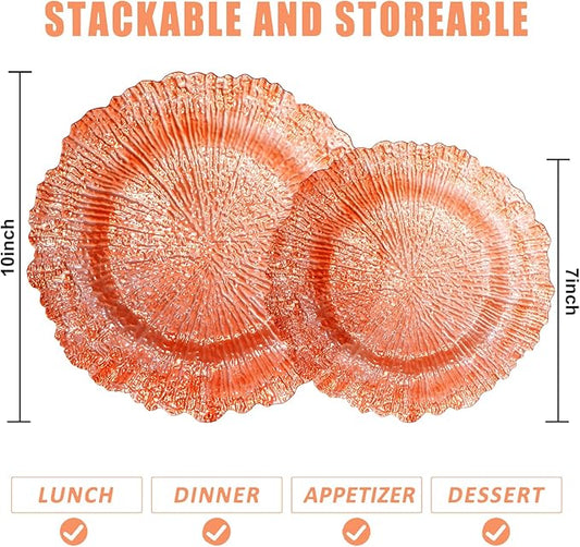 U-QE 60PCS Clear Orange Plates - Reef Orange Plastic Plates Disposable&Reusable - Heavy Duty Plastic Plate Including 30 Dinner Plate 10" & 30 Dessert 7" Perfect for Party