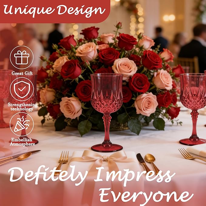 Plastic Wine Glasses, Plastic Goblets Vintage Style Cordial Unbreakable Drinking Glasses, Reusable Drinkware for Wedding Reception, Grand Event Party Supplies, Easter (12, Scarlet Rose)
