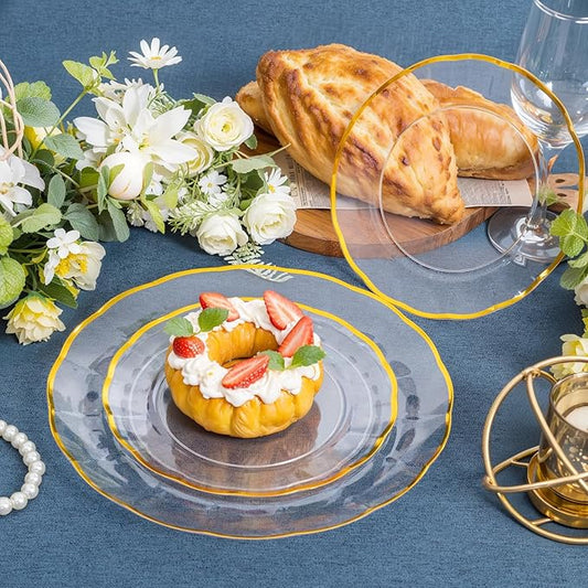 supernal 60Pcs Clear and Gold Plastic Plates,Clear Disposable Plate With Gold Rim,Heavy Duty Plastic Plates Set Perfect for Valentine's Day,Mother's Day,Easter,Wedding,Party