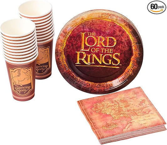 Silver Buffalo The Lord of the Rings Prancing Pony 60 Pack Partyware Disposable Paper Plates, Napkins, and Cups