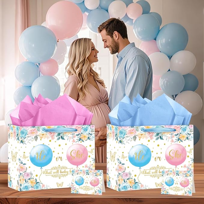 Gender Reveal Gift Bag Blue Pink Boy or Girl Paper Bag with Wrapping Paper Card What Will Baby Be Party Decoration Ballon Treat Candy Bag for Baby Shower Gender Reveal Birthday Party Supplies