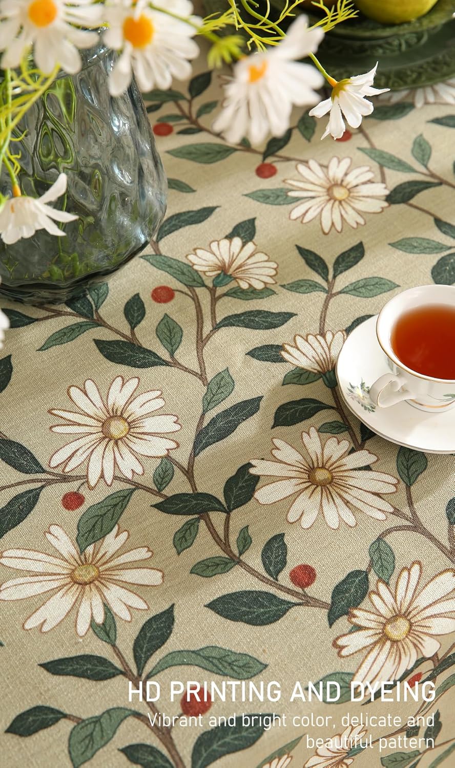 ISAENNE Designer Green Linen Small Rectangular Tablecloth,Floral French Country Indoor Table Cloth,Stain Resistant Home Decor Tablecloths for Dining Kitchen Thanksgiving Party,55"*71"-Brune