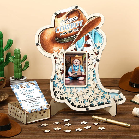Wenqik 63 Pcs Cowboy Boot Baby Shower Guest Book Alternatives Set Baby Shower Decorations with Photo Frame Sonogram Frame Keepsake 60 Wood Slices Guest Book for Birthday