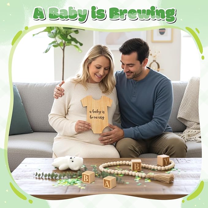 12Pcs Pregnancy Announcement Set Pregnancy Reveal Ideas Include Wooden Sign Beads Garland Wood Blocks Eucalyptus Leaves and Bear Coming Soon Baby Announcement Props for Grandparents Dad Husband Family