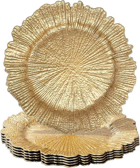MAONAME Round 13" Gold Charger Plates, Set of 6, Reef Plate Chargers for Dinner Plates, Plastic Table Chargers for Wedding, Thanksgiving, Christmas