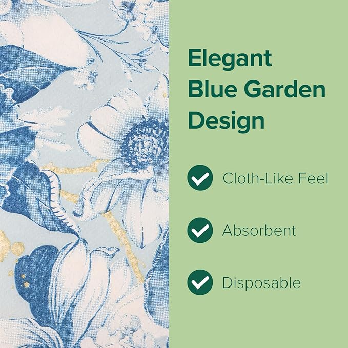 SimuLinen Blue Garden Floral Disposable Hand Towels for Bathroom, Single-Use Linen-Feel Guest Towels, Hand Tissue Paper, Cloth-Like Paper Napkins, Pack of 300