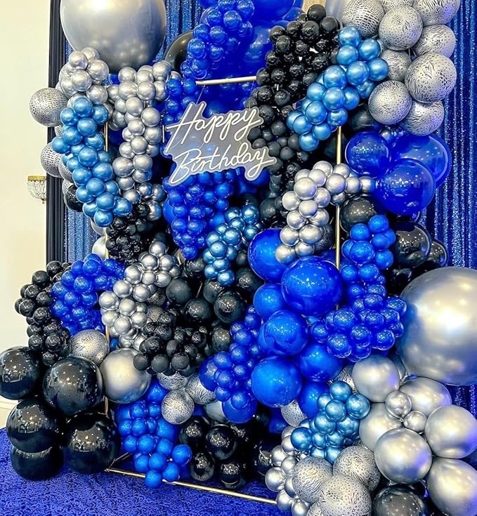 Royal Blue Black and Silver Balloons Garland Arch Kit, 162pcs Different Sizes with Black Royal Blue Metallic Silver Confetti Balloons for Birthday Anniversary 2025 Graduation Prom Party Decorations