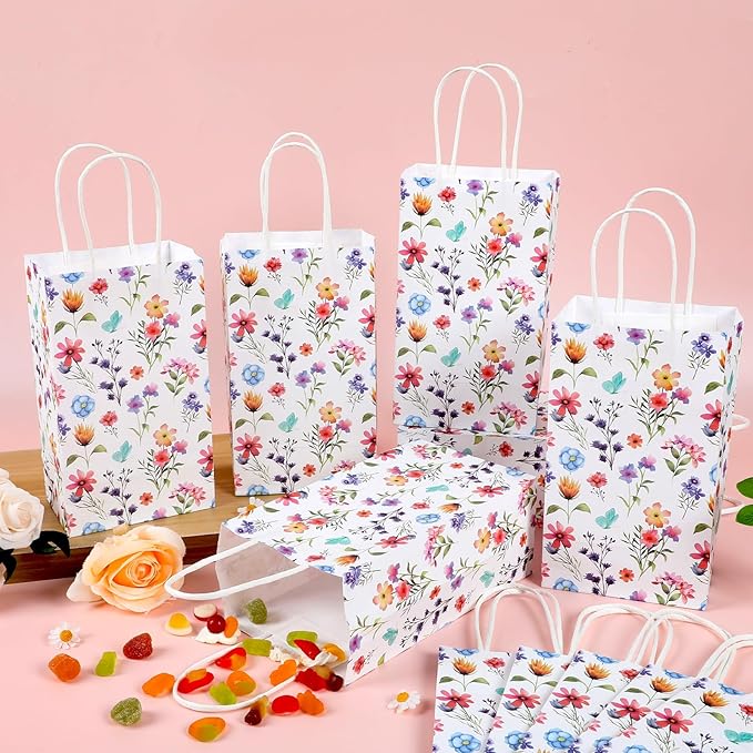 CHUNNIN Wildflower Gift Bags Spring Floral Welcome Flower Party Favors Wildflower Paper Candy Goodie Treat Bags with Handles for Garden Decorations Birthday Tea Bridal Shower Wedding Supplies