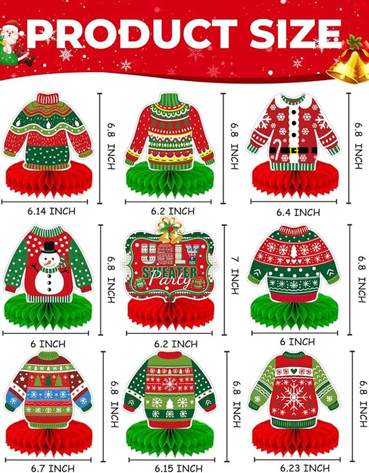 Christmas Ugly Sweater Party Table Decorations, 9 Pcs Ugly Sweater Honeycomb Centerpieces, 3D Funny Holiday Table Topper for Christmas Party Supplies, Winter Home & Office Decor