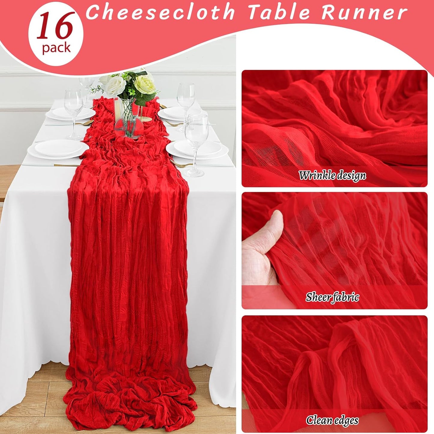 16Pack Red Table Runner 10FT Cheesecloth Table Runner 35x120Inch Long Boho Cheese Cloth Table Runners Rustic Gauze Table Runners for Party Christmas Wedding Bridal Baby Shower Decorations