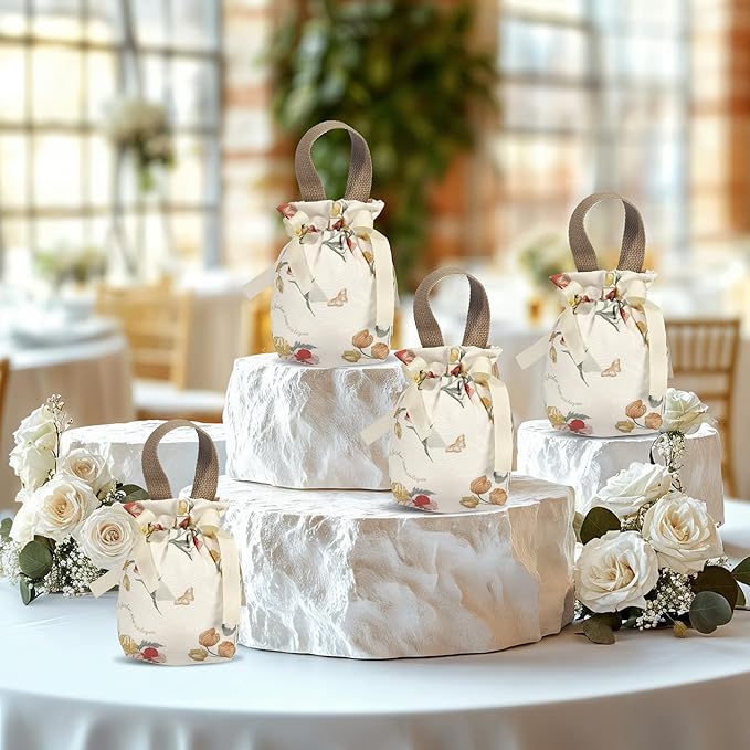 Liobelon Small Floral Gift Bags with Handles,8 Pieces Floral Canvas Drawstring Bags Small Candy Treat Bag Tea Party Favor Bag Jewelry Pouches for Women Wedding Birthday Party Supplies (Champagne)