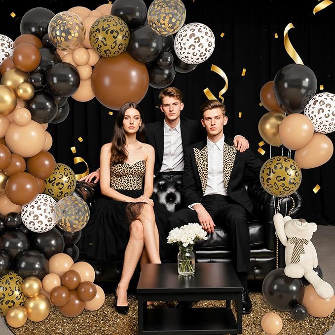 Amandir 153pcs Cheetah Balloons Arch Garland Kit, Different Sizes 18 12 10 5inch Black Dark Light Brown Gold Confetti Leopard Cheetah Print Balloons for Safari Jungle Wild Birthday Party Decorations