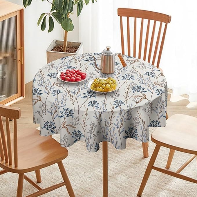Abstract Geometry Leaf Tablecloth, Thanksgiving Autumn Harvest Fall Watercolor Blue Yellow Leaves Table Cover for Party Picnic Dinner Decor 50x50 Inch Round