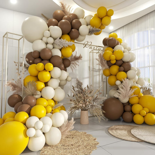 Yellow Brown White Balloon Garland Arch Kit, 160Pcs Latex Balloons Different Size 18 12 10 5 inch for Birthday Bridal Baby Shower Gender Reveal Wedding Retirement Party Decorations