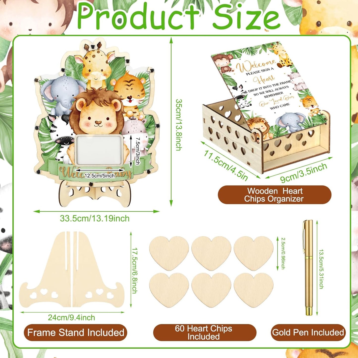 Wenqik 63 Pcs Safari Animal Baby Shower Guest Book Alternatives Set Baby Shower Decorations with Photo Frame Sonogram Frame Keepsake 60 Wood Slices Guest Book for Birthday
