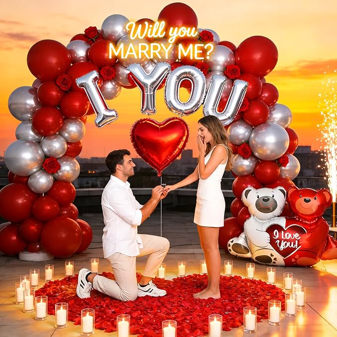 Valentines Day Balloon Arch Kit, Red and Silver Balloon Garland with Large Bear/I YOU/Heart Foil Balloons for Galentines Mothers Day Wedding Engagement Anniversary Valentines Party Decorations