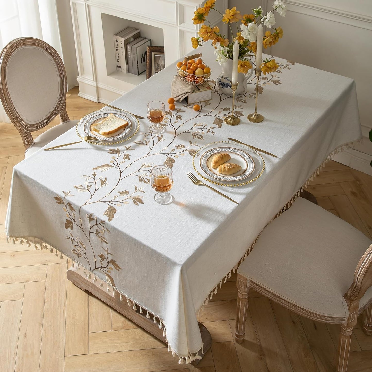 Oubonun Cotton Linen Rectangular Tablecloth - Wrinkle Resistant & Waterproof - Machine Washable Table Cloth with Tassels for Kitchen & Dining, 55''x70'', 4-6 Seats