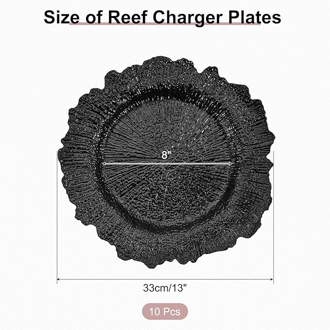 uxcell 10pcs Reef Charger Plates Bulk, 13 Inch Plastic Floral Charger Plates, Round Plate Chargers for Dinner Wedding Party Event Table Setting Decoration Black