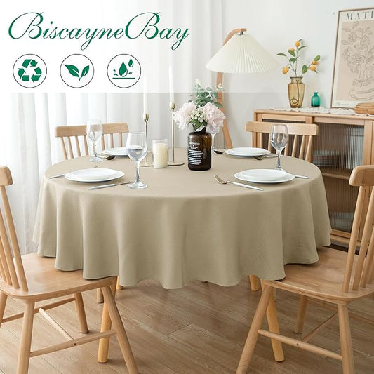 Biscaynebay Textured Fabric Round Tablecloths 70", Natural Water Resistant Table Cloth Circle Folding Table Covers for Dining, Kitchen, Wedding, Parties etc. Machine Washable