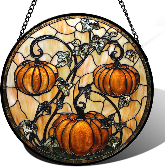 Stained Glass Window Hanging - Halloween Decoration Orange Pumpkin Vine Leaves Suncatcher for Door Garden Spooky Sun Catchers Gothic Decor Horror Gifts for Women Men Friend Boy Girl 11.8 in