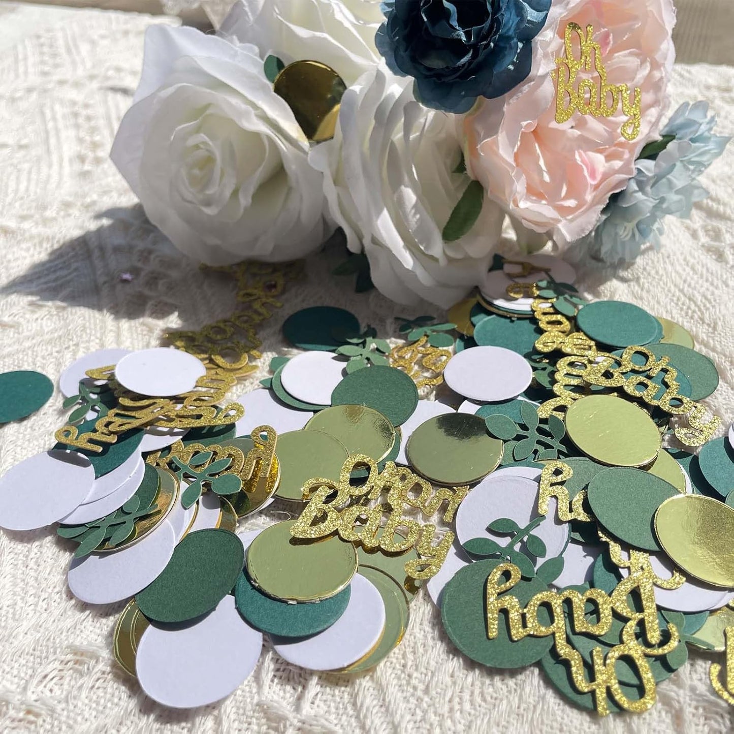 200 Pcs Greenery Baby Shower Decorations, Sage Green Party Decor, Table Confetti Dots With Eucalyptus, Gold Glitter for Baby Shower Decor