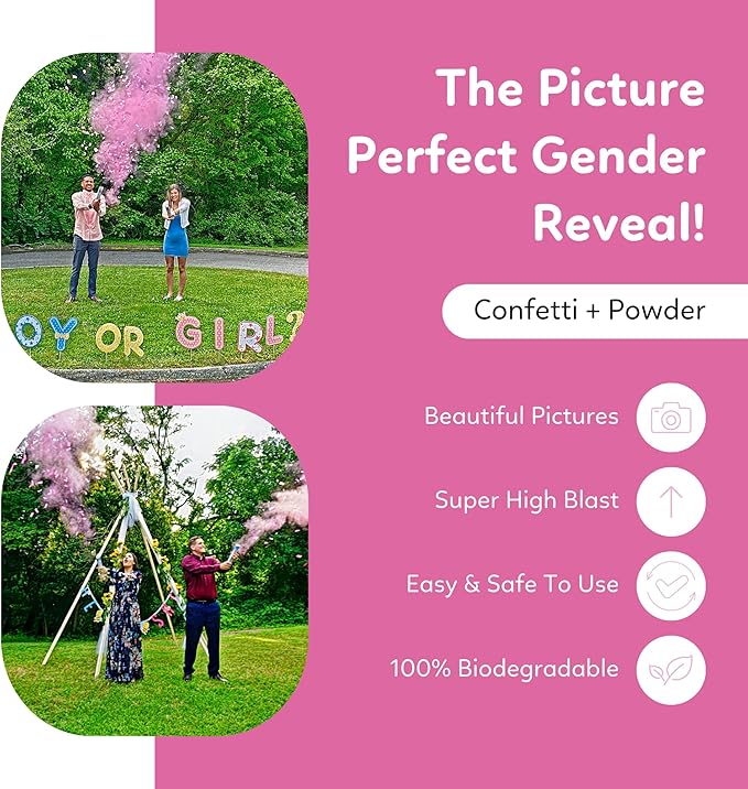 24” X-large Gender Reveal Confetti & Powder Smoke Cannon | 2 Pink Poppers | Biodegradable | Alternative to Gender Reveal Smoke Bombs Extinguisher | Baby Gender Reveal Decorations | TUR Party Supplies
