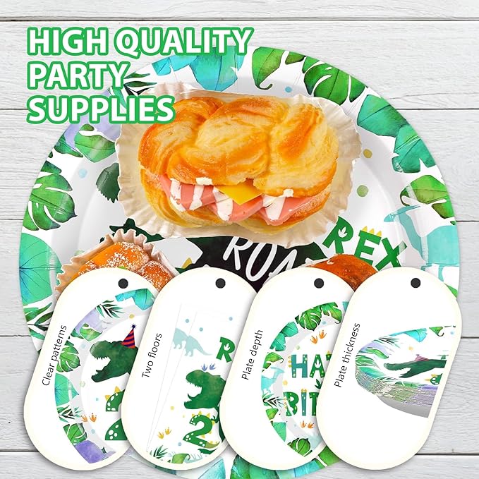 Grencian 96PCS Dinosaur 2nd Happy Birthday Party Supplies 2nd Dinosaur Plates and Napkins Forks Disposable Tableware Set for 2 Years Old Boy Birthday Party Decorations Serves 24