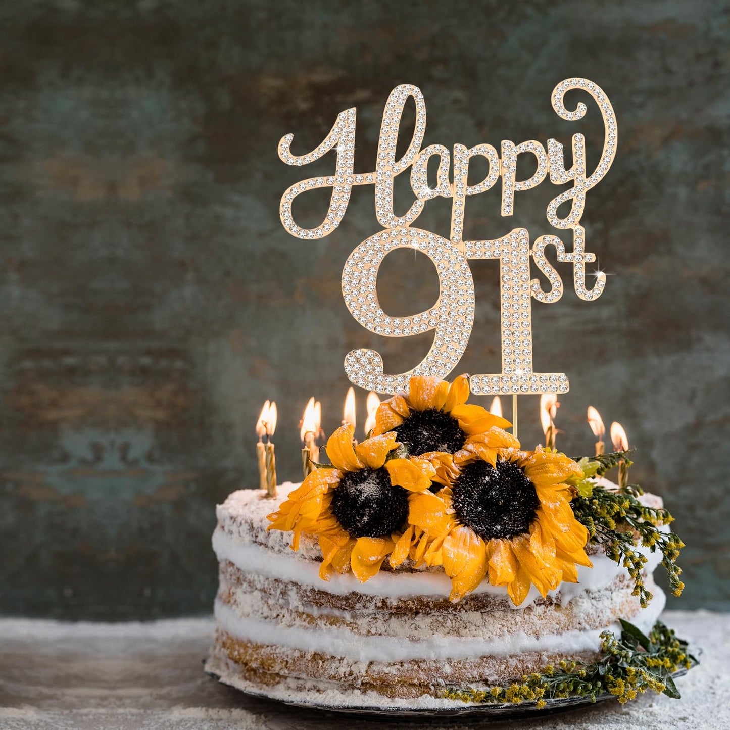 Happy 91st Birthday Decorations,91st Birthday Gold Rhinestone Cake Topper - Cheers to 91 Years Old Bday Party Metal Sparkly Cake Centerpieces Sign.