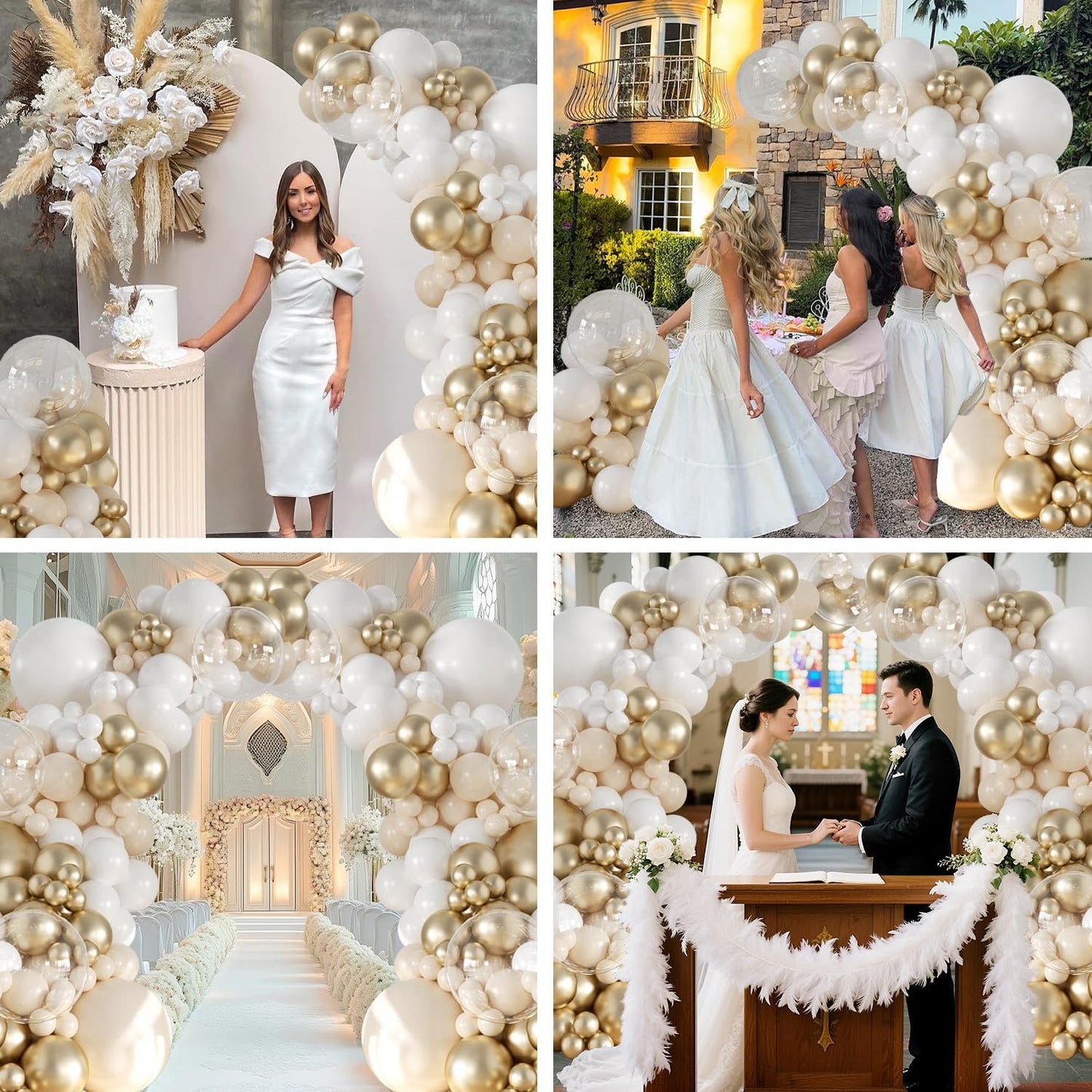 White and Gold Balloon Garland Arch Kit 132Pcs Metallic gold Ivory white Cream White Clear Balloons Different Sizes for Wedding Engagements Birthday Bridal Shower Baby Shower Anniversary Decorations