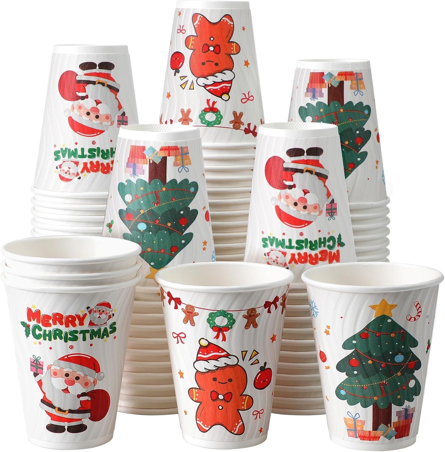 90 Pack Christmas Coffee Cups 12 oz No Lids, Disposable Insulated Paper Coffee Cups, Corrugated Ripple Wall Design Paper Cup, Hot Cold Drinking Cup for Party, Home, Events