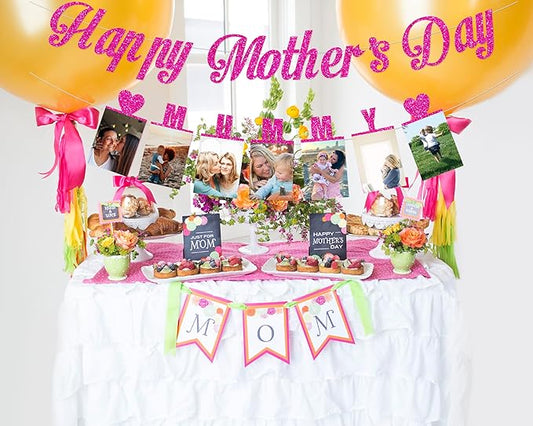 Happy Mother’s Day Banner, Mummy Banner,Mother’s Day Photo Banner,MM Pink Happy Mothers Day Decorations,We Love Mom Mothers Day Garland for Mother’s Day Party Decorations Photo Props(Pre-Assembled) (Pink Blue)