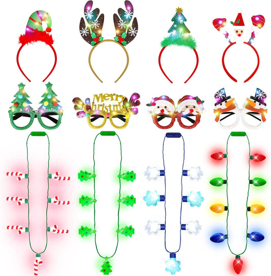 Blowata 12 PCS Christmas Party Favors, Light Up Christmas Necklace Headband Glasses Set, Candy Cane Snowflake Tree Bulb Necklace LED Headband Flashing Eyeglasses for Xmas Gifts, Christmas Accessories