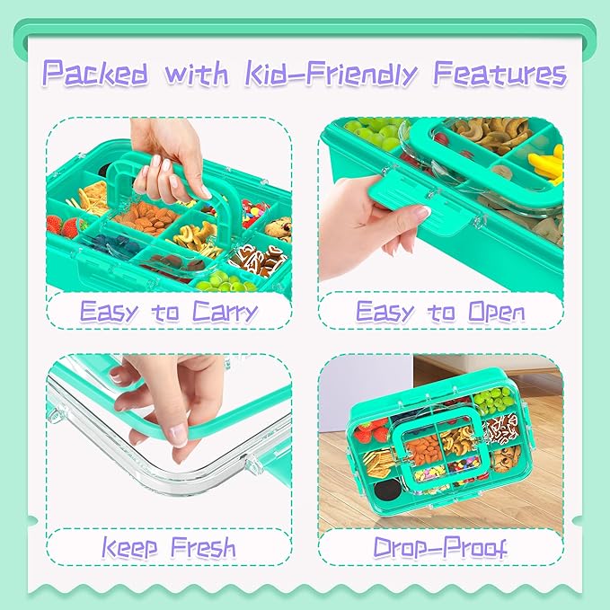 Snack Box Container for Kids - Adjustable 12-Compartment Snack Containers, Reusable Bento Box, Dishwasher Safe, BPA-Free, Perfect for School, Travel, Camping & Picnic, Green