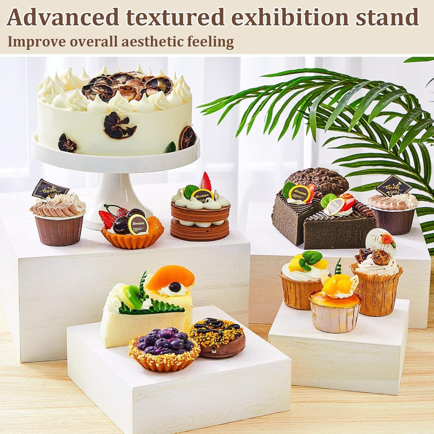 Roowest Set of 4 Large Wood Display Risers Size 11.8",10",7.8",6.3",Rustic Cupcake Stand Wood Cake Stands Wooden Display Risers for Table Dessert Wedding(Vintage White)