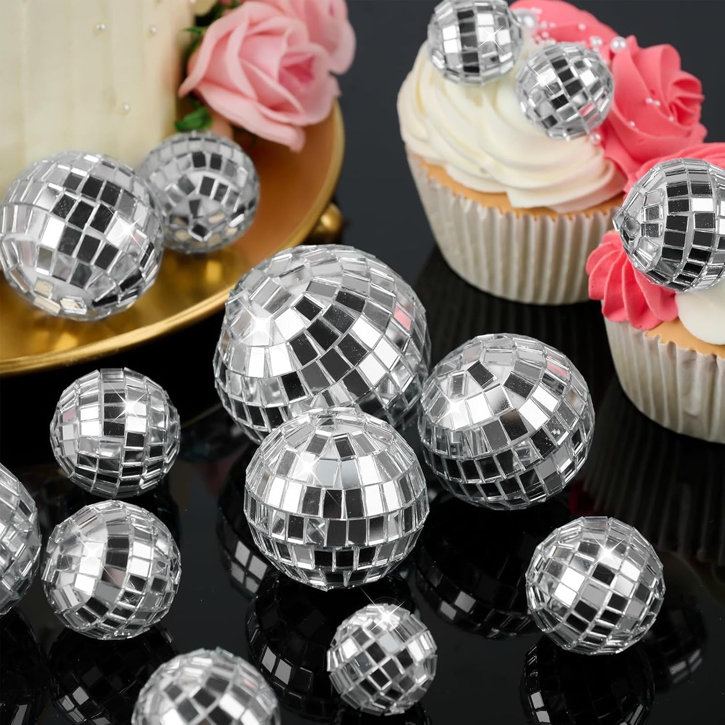 30 Pcs Disco Ball Cake Decorations - 4 Sizes Birthday CupCake Decor for 70s Music Dance Themed Party Supplie