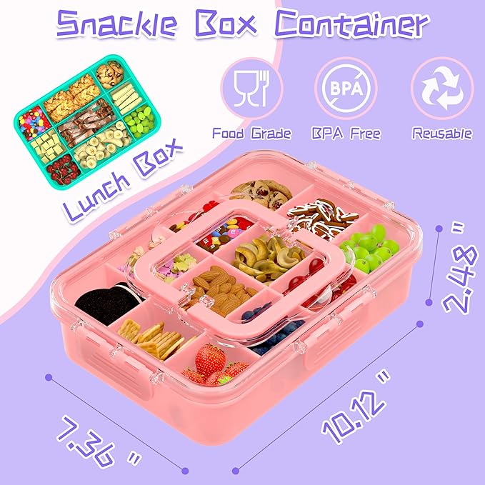 2 Pcs Snack Box Container for Kids - Adjustable 12-Compartment Snack Containers, Reusable Bento Box, Dishwasher Safe, BPA-Free, Perfect for School, Travel, Camping & Picnic, Pink & Green