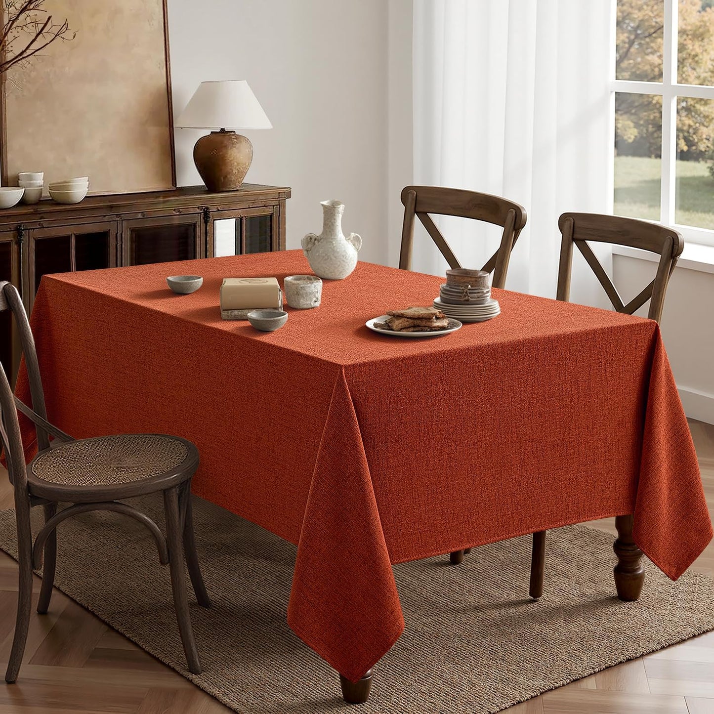 MIULEE Burnt Orange Linen Tablecloth Fall Thanksgiving 52x70 Inch Rectangle Table Cloth Waterproof,Stain Resistant & Wrinkle Resistant for Dining Party Wedding