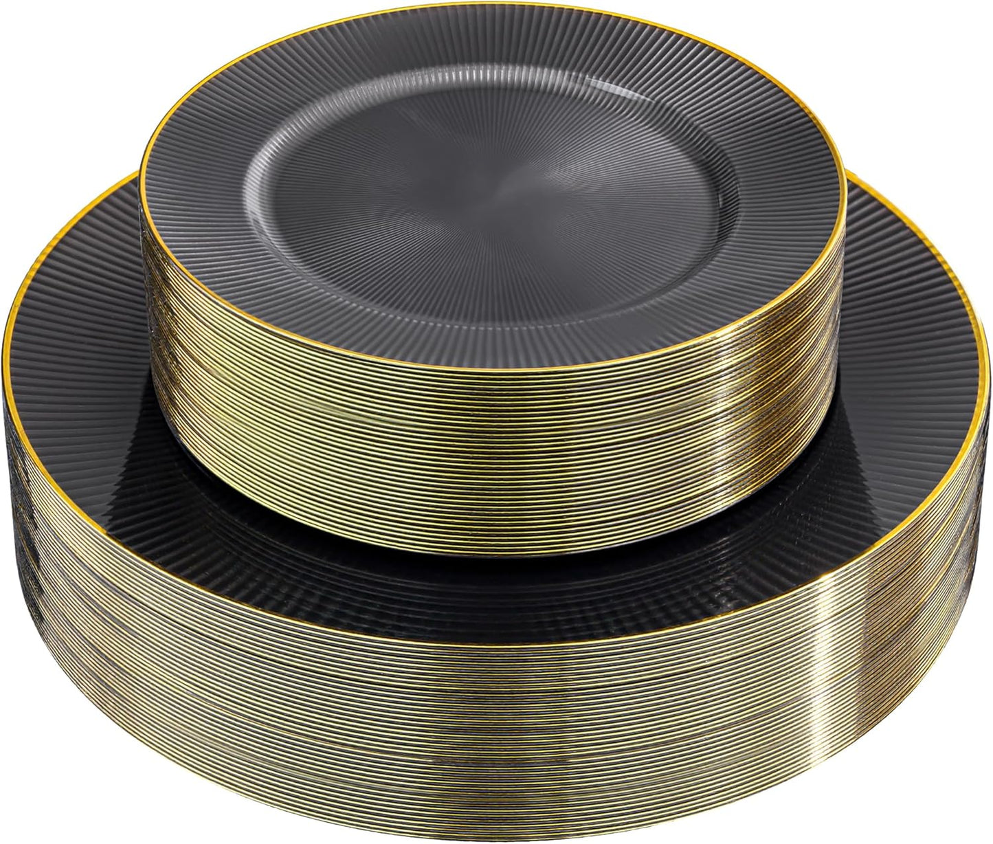 Hioasis 60pcs Black and Gold Plastic Plates - Black Disposable Dinnerware Set, 30pcs Dinner 10.25in & 30pcs Dessert 7.5in Plates with Striped Designs for Party & Halloween