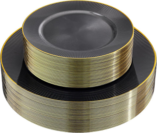 Hioasis 60pcs Black and Gold Plastic Plates - Black Disposable Dinnerware Set, 30pcs Dinner 10.25in & 30pcs Dessert 7.5in Plates with Striped Designs for Party & Halloween