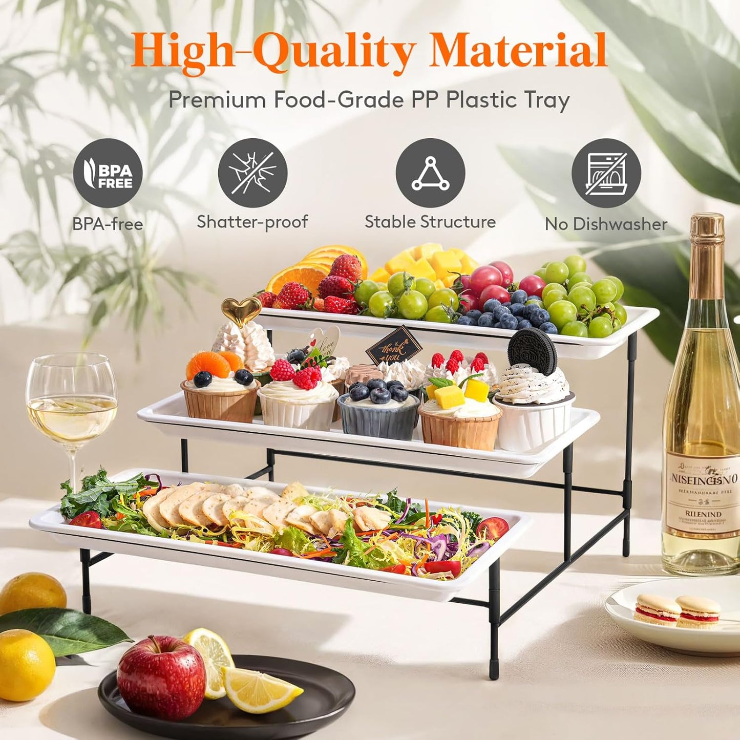 Lifewit 3 Tier Serving Tray, 14" x 6.5" White Plastic Tiered Food Serving Platters, Tiered Tray Stand for Party with Black Collapsible Metal Stand, Dessert Display Stands for Cookies, Crackers