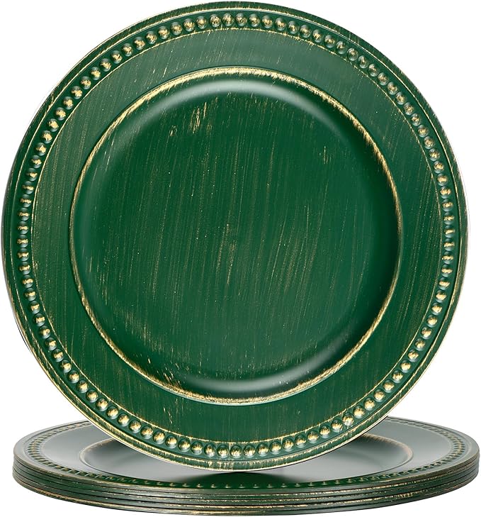 Vintage Charger Plates Set of 6, Beaded Service Plate, Plastic Charger Plate Set Bulk Wedding Easter, Event, Saint Patrick, Holiday, Christmas, Elegant Table Setting Centerpieces, Hunter Green
