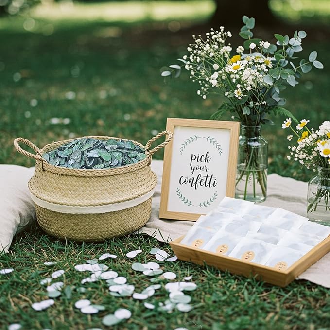 Suncalla Biodegradable Confetti 10.58 Oz eucalyptus leaves Dried Flower Petals with Throw Me Stickers Confetti Biodegradable Flower Petals for Valentines Decor(Eucalyptus Leaves,Multi Color,55 Pcs)