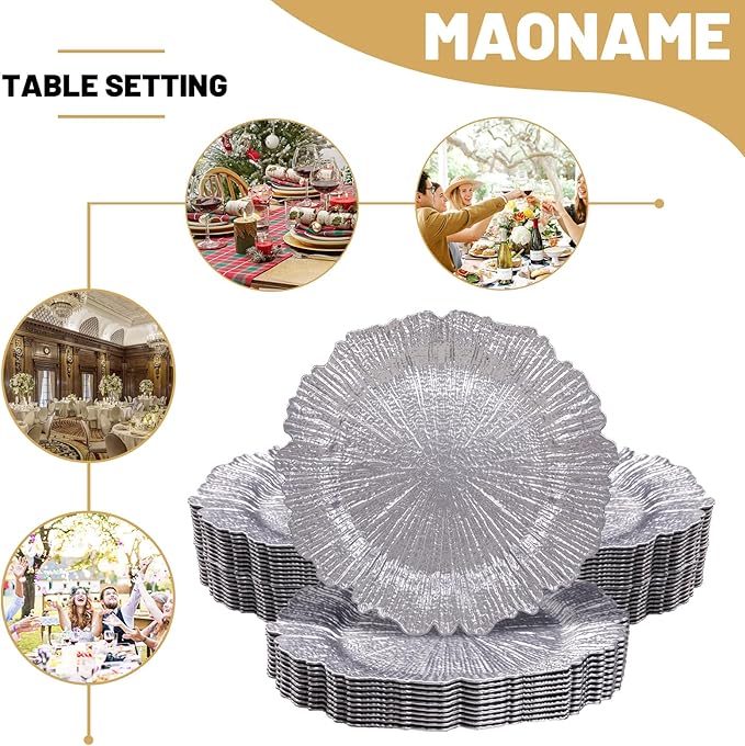 MAONAME 13" Silver Charger Plates Set of 50, Reef Plate Chargers Bulk, Round Charger for Dinner Plates, Plastic Table Chargers for Wedding Decor