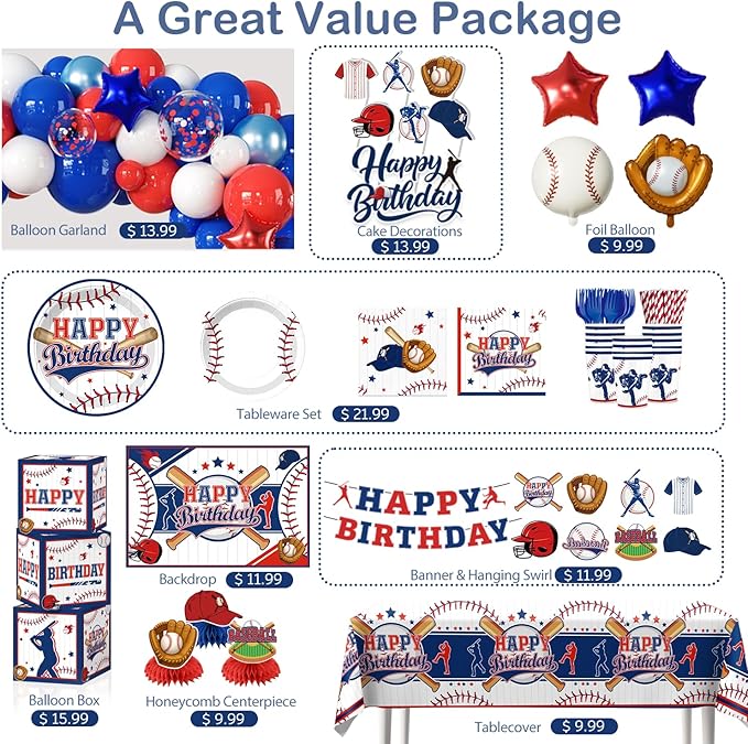 259pcs Baseball Birthday Decorations, All-in-one Baseball Birthday Party Pack with 20pcs Plates, Napkins, 2pcs Tablecloth, Banner, Balloon Arch for Baseball Party Supplies, 20 Guests