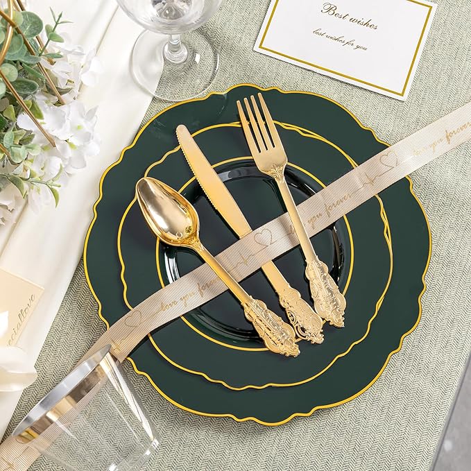 Liacere 175PCS Green Plastic Plates - Christmas Green Disposable With Gold Rim - 25Guest Baroque Plastic Dinnerware include 50Plates-25Pcs Pre Rolled Napkins with Silverware 25Cups for Party & Wedding