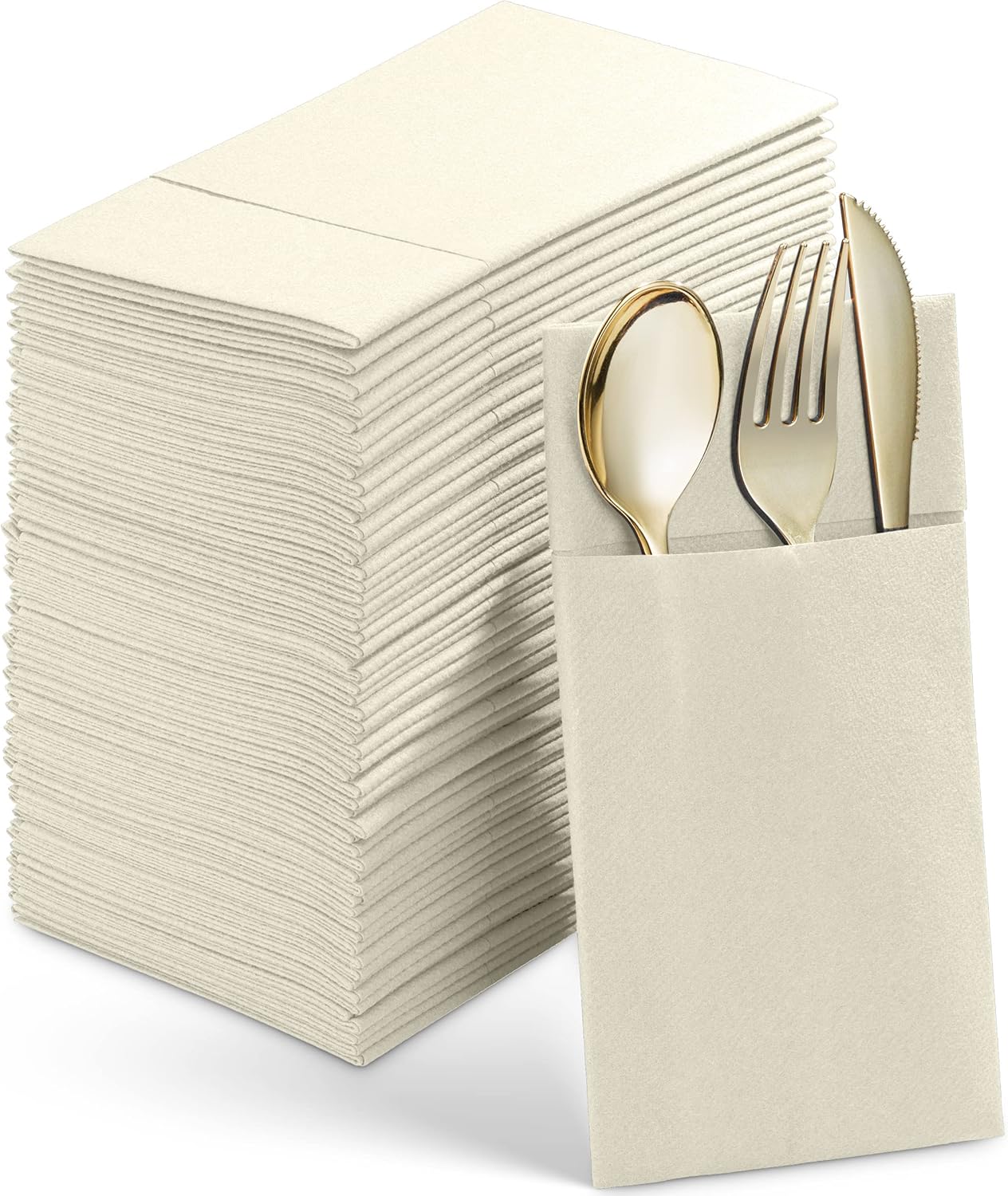 Disposable Linen-Feel Dinner Napkins With Built-in Flatware Pocket, 50-Pack CHAMPAGNE Prefolded Cloth Like Paper Napkins For Wedding, Dinner Or Party